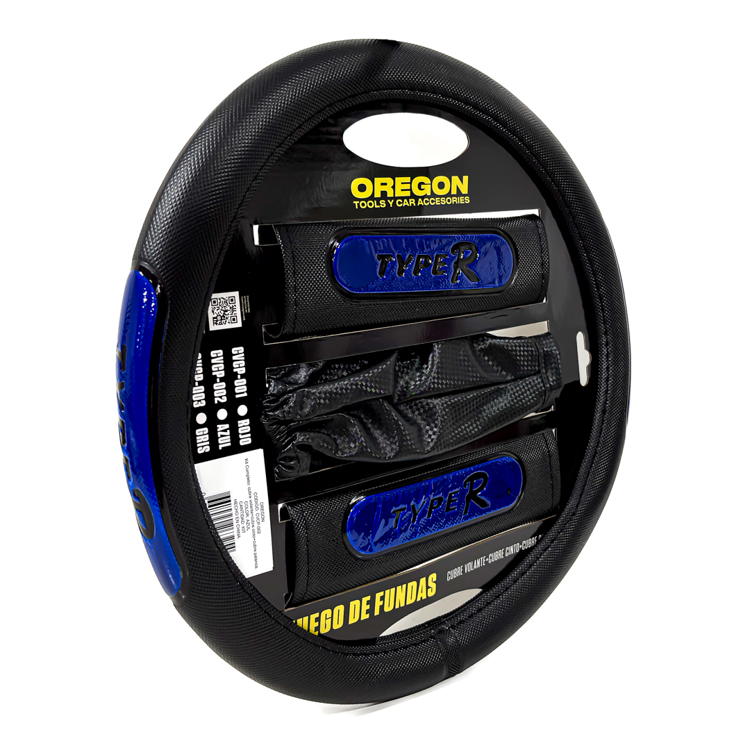 KIT CUBRE VOLANTE COMPLETO CUBRE VOLANTE 38MM + CUBRE CINTURON + CUBRE PALANCA COLOR: NEGRO + AZUL - 2