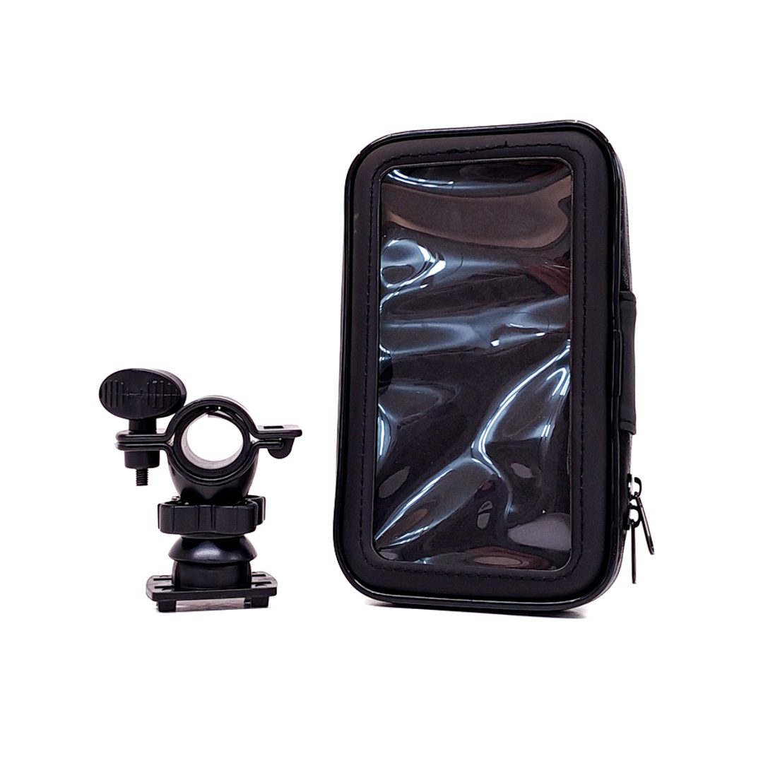ACCESORIO PARA CELULAR SOPORTE DE CELULAR PARA BICICLETAS Y MOTOS SCOOTER CON CIERRE Y SCREEN PROTECTOR,  ENGANCHE A MANUBRIO Y ROTACION 360 GRADOS 5.3 PULGADAS COLOR NEGRO