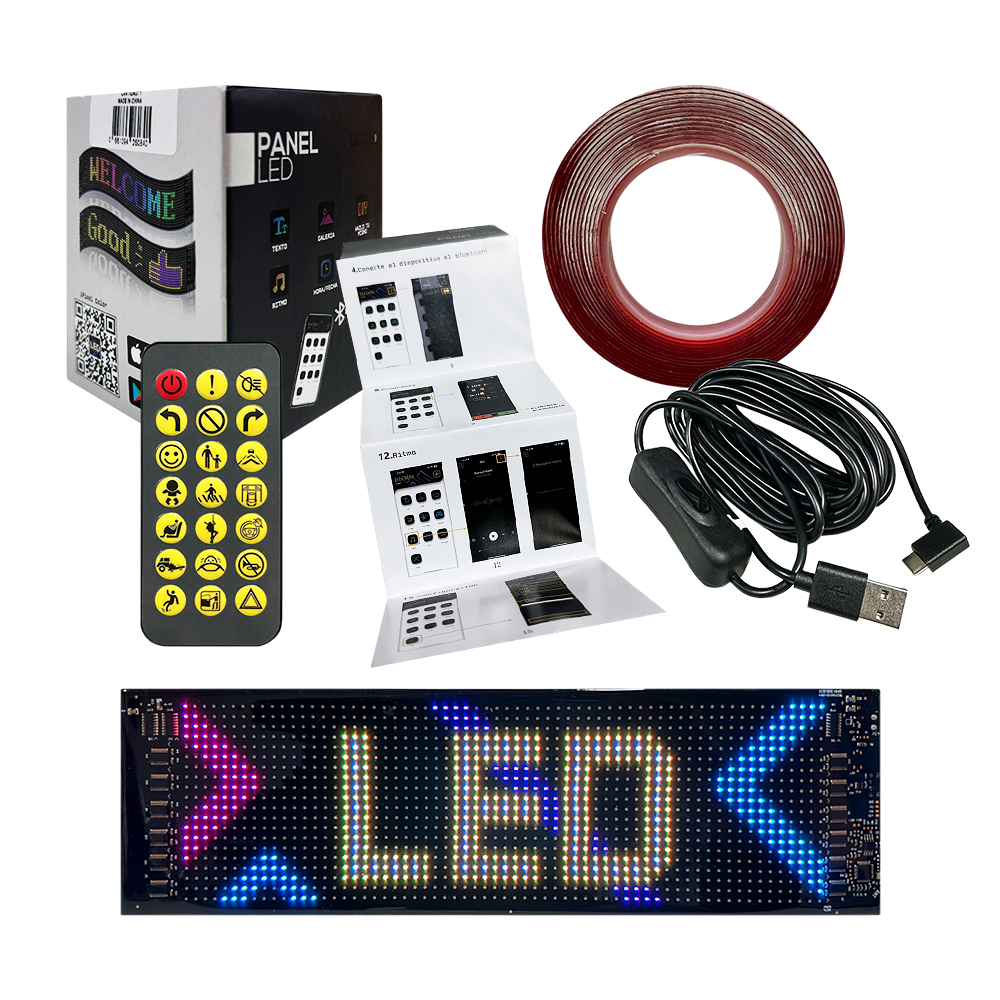 PANEL LED RGB 1536 LEDS l 16*96 PIXELES MEDIDAS 12 X 60 cm 12V / 24V CONEXION USB BLUETOOTH CON APP Y CONTROL REMOTO