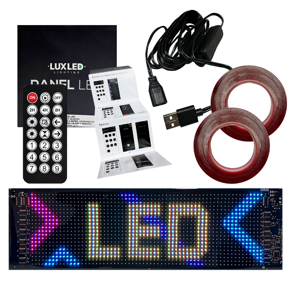 PANEL LED RGB 1536 LEDS l 16*96 PIXELES MEDIDAS 19 X 90 cm 12V / 24V CONEXION USB BLUETOOTH CON APP Y CONTROL REMOTO