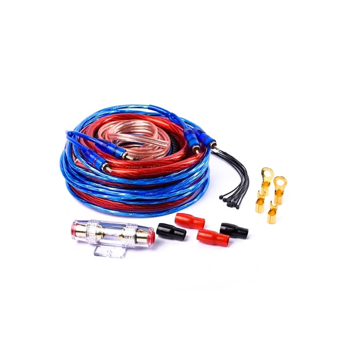 FICHAS DE AUDIO KIT DE CABLES PARA POTENCIA. CABLEADO MEDIANO. 4 GAUGE. 2500 WATTS. FUSIBLE 80 AMP. INCLUYE ACCESORIOS CANTIDAD POR CAJA MASTER 12