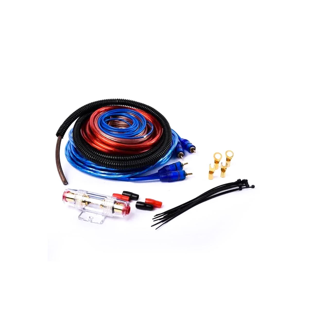 FICHAS DE AUDIO KIT DE CABLES PARA POTENCIA. CABLEADO DELGADO. 8 GAUGE. 1500 WATTS. FUSIBLE 60 AMP. INCLUYE ACCESORIOS CANTIDAD POR CAJA MASTER 12