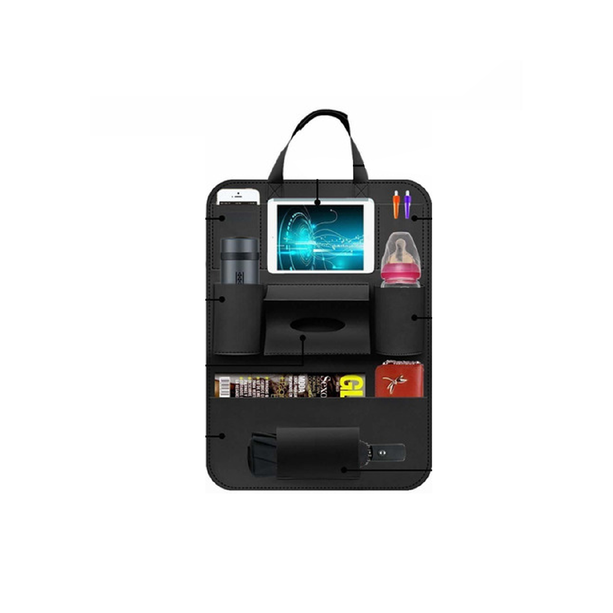 ORGANIZADOR DE ASIENTO ORGANIZADOR DE ASIENTO ORGANIZADOR DE ASIENTO TRASERO, ENGANCHE ASIENDO DELANTERO CONDUCTOR-ACOMPAÑANTE / 100 CUERO / 50X40 CM / COLOR NEGRO / CANTIDAD POR CAJA MASTER 30