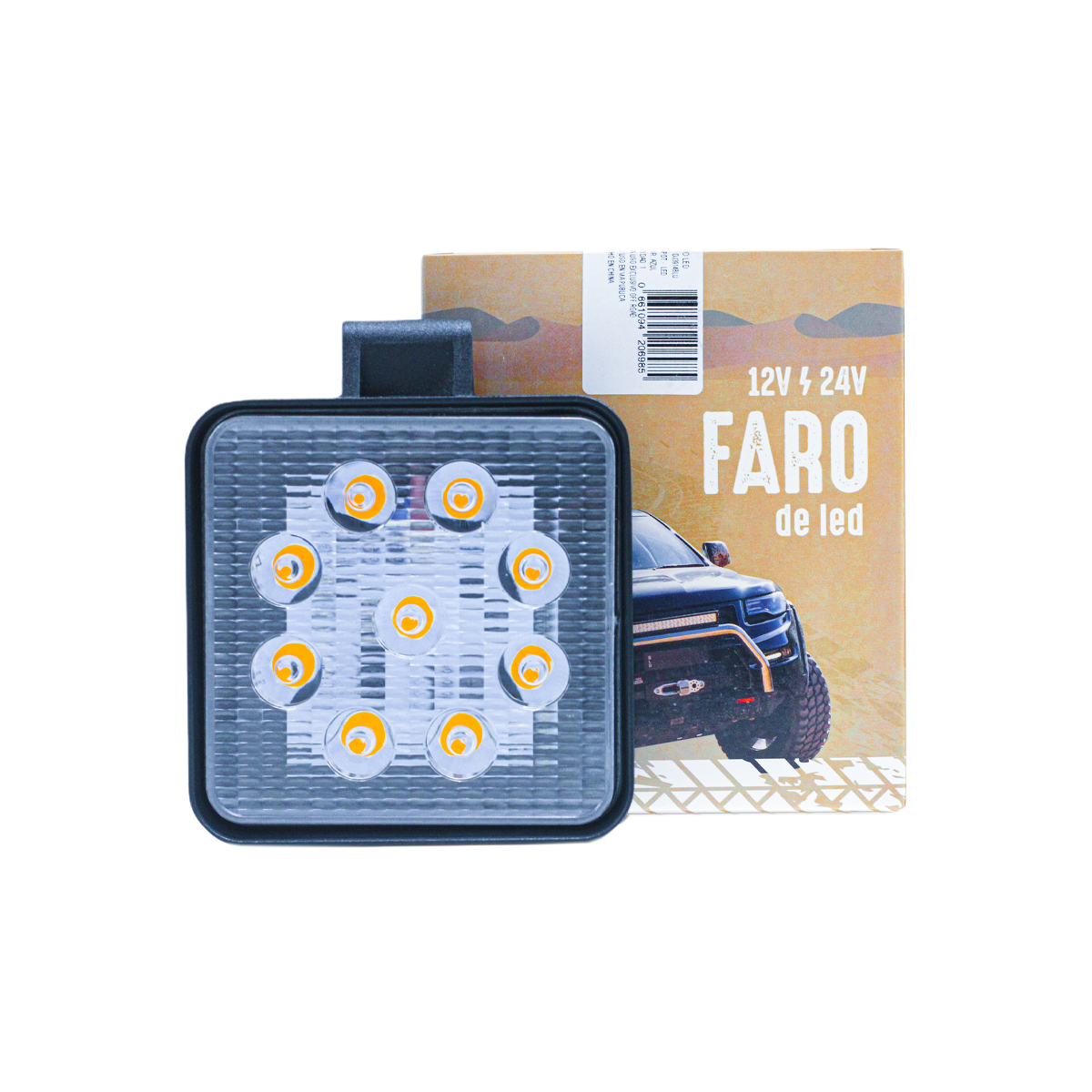 OFF ROAD FARO DE LED UNIVERSAL CUADRADO 27 WATTS (9 LED  3 WATTS) COLOR AMBAR 12V / 24V  - HAZ DE LUZ SPOT - - 6