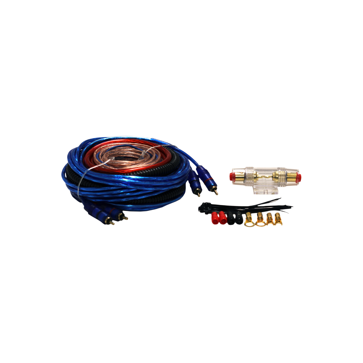 FICHAS DE AUDIO KIT DE CABLES PARA POTENCIA. CABLEADO DELGADO. 8 GAUGE. 1500 WATTS. FUSIBLE 60 AMP. INCLUYE ACCESORIOS CANTIDAD POR CAJA MASTER 12 - 4