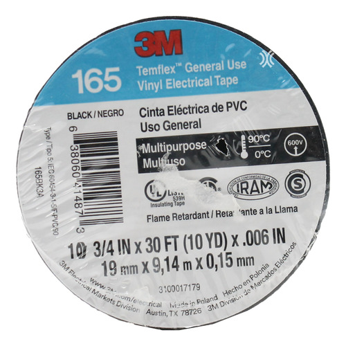 CINTA AISLADORA DE PVC TEMFLEX 165 19MM x 9M NEGRO (REEMPLAZA CODIGO 45822)