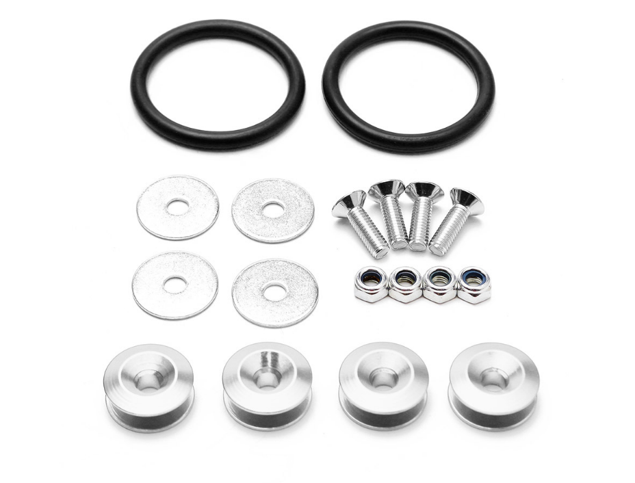 KIT SUJETA PARAGOLPE ALUMINIO ANONIZADO COLOR PLATEADO INCLUYE SUJETADORES, TUERCAS, ARANDELAS, BANDAS ELASTICAS Y TORNILLOS