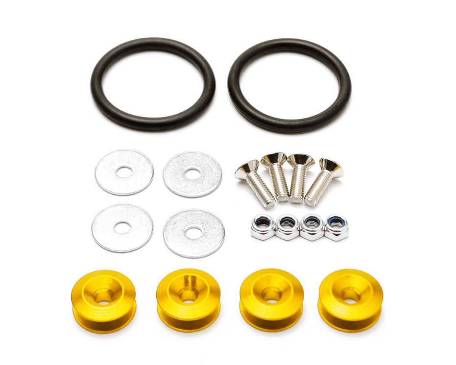 KIT SUJETA PARAGOLPE ALUMINIO ANONIZADO COLOR DORADO INCLUYE SUJETADORES, TUERCAS, ARANDELAS, BANDAS ELASTICAS Y TORNILLOS
