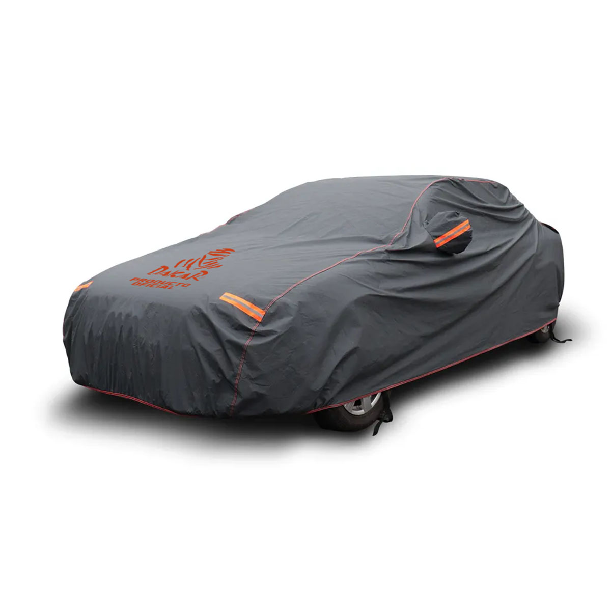 FUNDA CUBRE AUTOS PARA AUTOS SEDAN EXTRA LARGE 483X178X119CM. LOGO DAKAR. PVC Y ALGODON 270 GRAMOS. COBERTOR DE ESPEJOS CON REFLECTORES NARANJAS, ELASTICO, CLIPS Y CIERRE. - 8