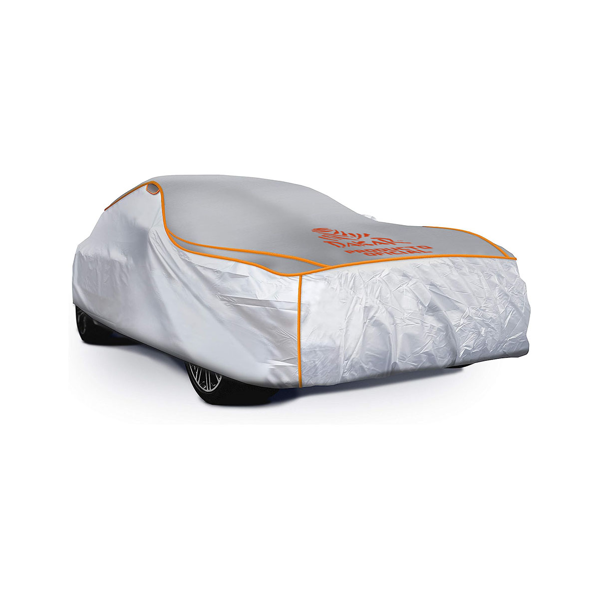 FUNDA CUBRE AUTOS PARA AUTOS SEDAN LARGE 457X165X119CM. LOGO DAKAR. GOMA EVA CUBREINDO LA PARTE SUPERIOR.  REFLECTORES NARANJAS, ELASTICO, CLIPS Y CIERRE.. - 9