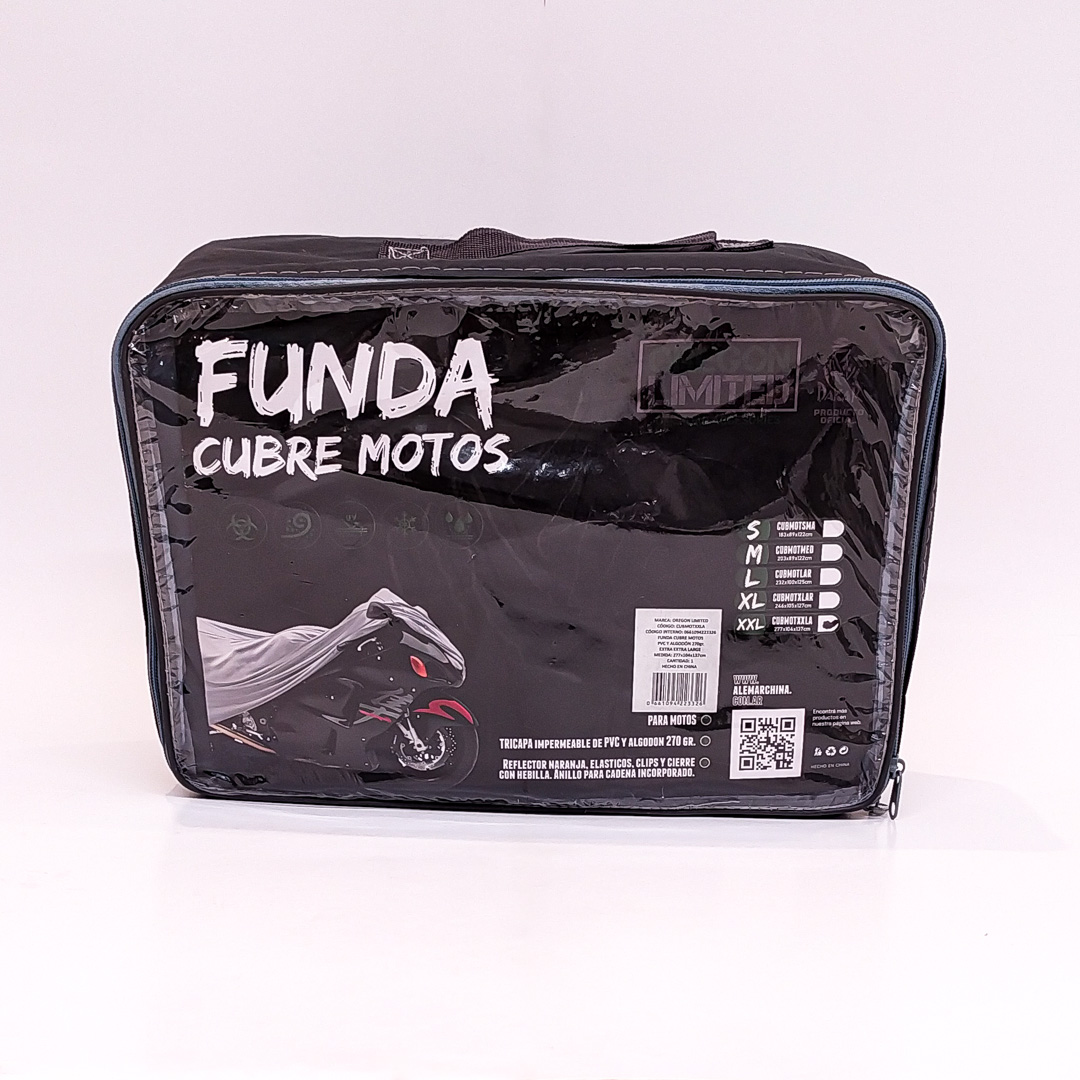 FUNDA CUBRE MOTOS TRICAPA IMPERMABLE EXTRA EXTRA LARGE 277X104X137CM . LOGO DAKAR. PVC Y ALGODON 270 GRAMOS. REFLECTOR NARANJA, ELASTICO, CLIPS Y CIERRE. ANILLO PARA CADENA INCORPORADO. - 2