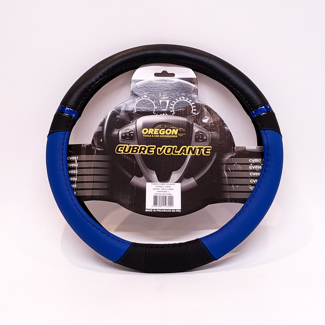 CUBRE VOLANTE MODELO NASCAR CUERO SINTENTICO NEGRO / CELESTE 38*8.2CM 25 UNIDADES POR CAJA