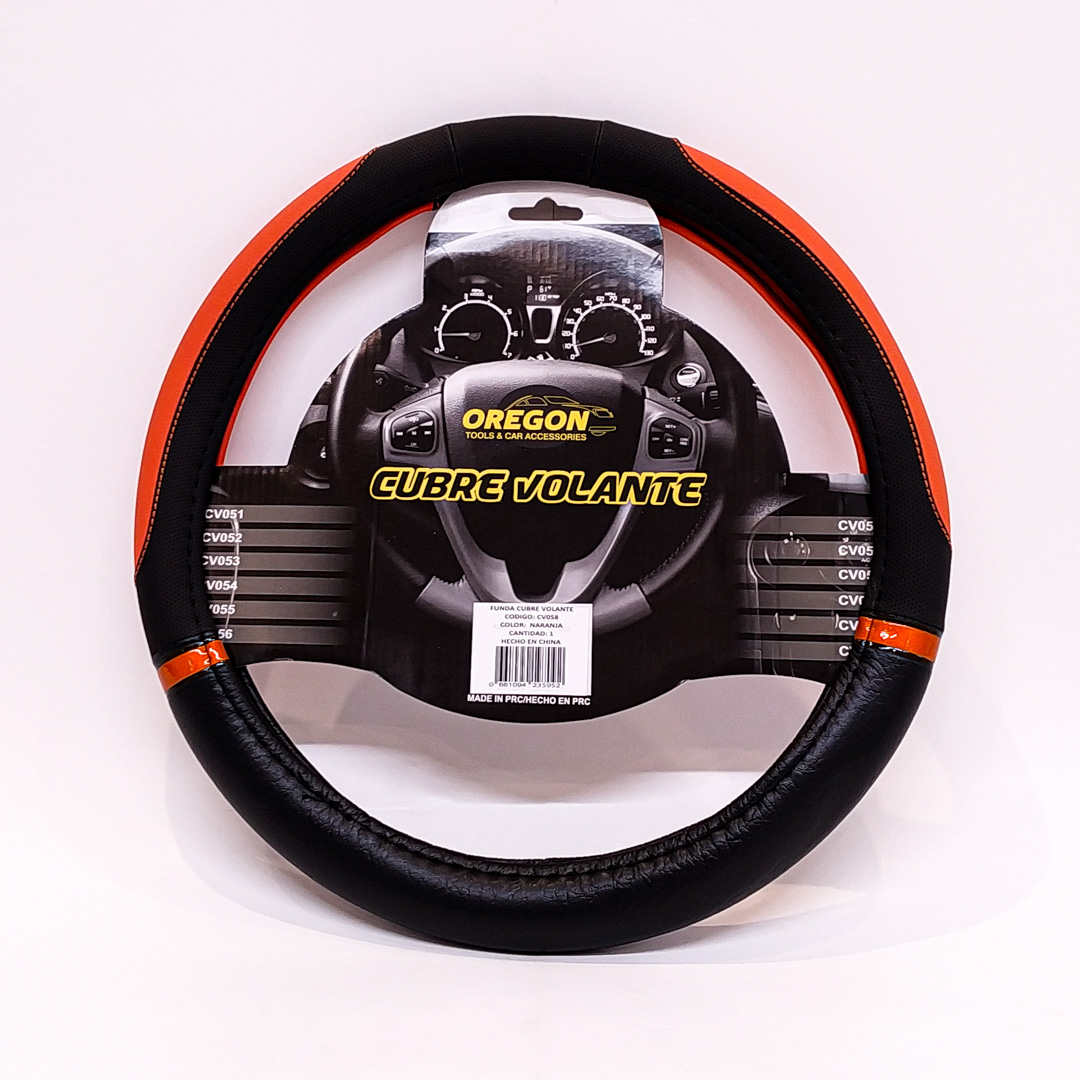 CUBRE VOLANTE MODELO NASCAR CUERO SINTENTICO NEGRO / NARANJA 38*8.2CM 25 UNIDADES POR CAJA