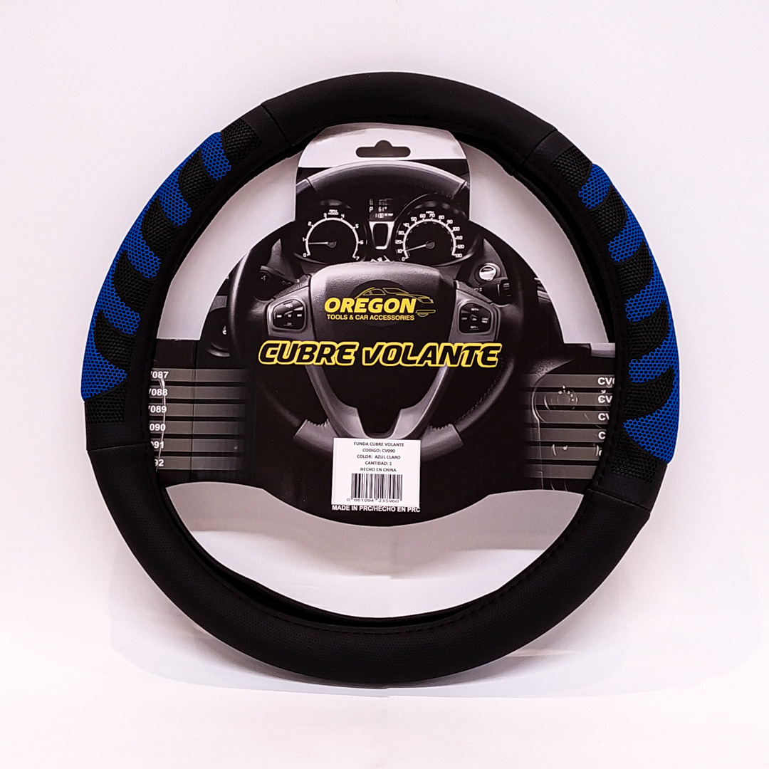 CUBRE VOLANTE MODELO GRAND PRIX CUERO SINTENTICO NEGRO / CELESTE 38*8.2CM 25 UNIDADES POR CAJA