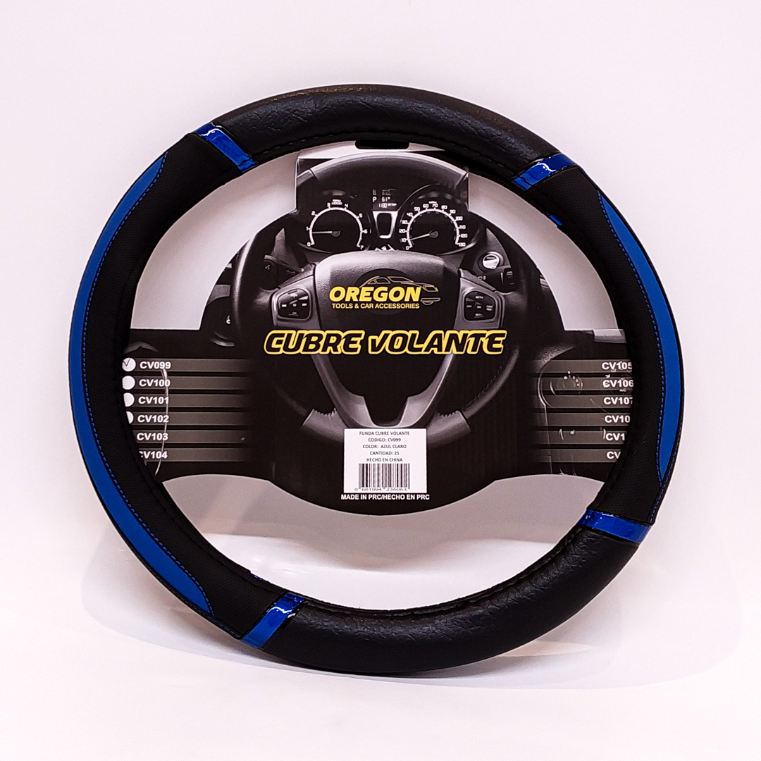CUBRE VOLANTE MODELO DAYTONA CUERO SINTENTICO NEGRO / CELESTE 38*8.2CM 25 UNIDADES POR CAJA