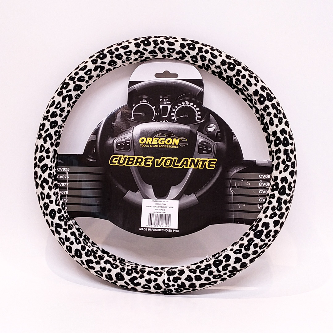 CUBRE VOLANTE MODELO ANIMAL PRINT LEOPARDO BLANCO Y NEGRO 38*8.2CMCAJA MASTER 25 UNIDADES
