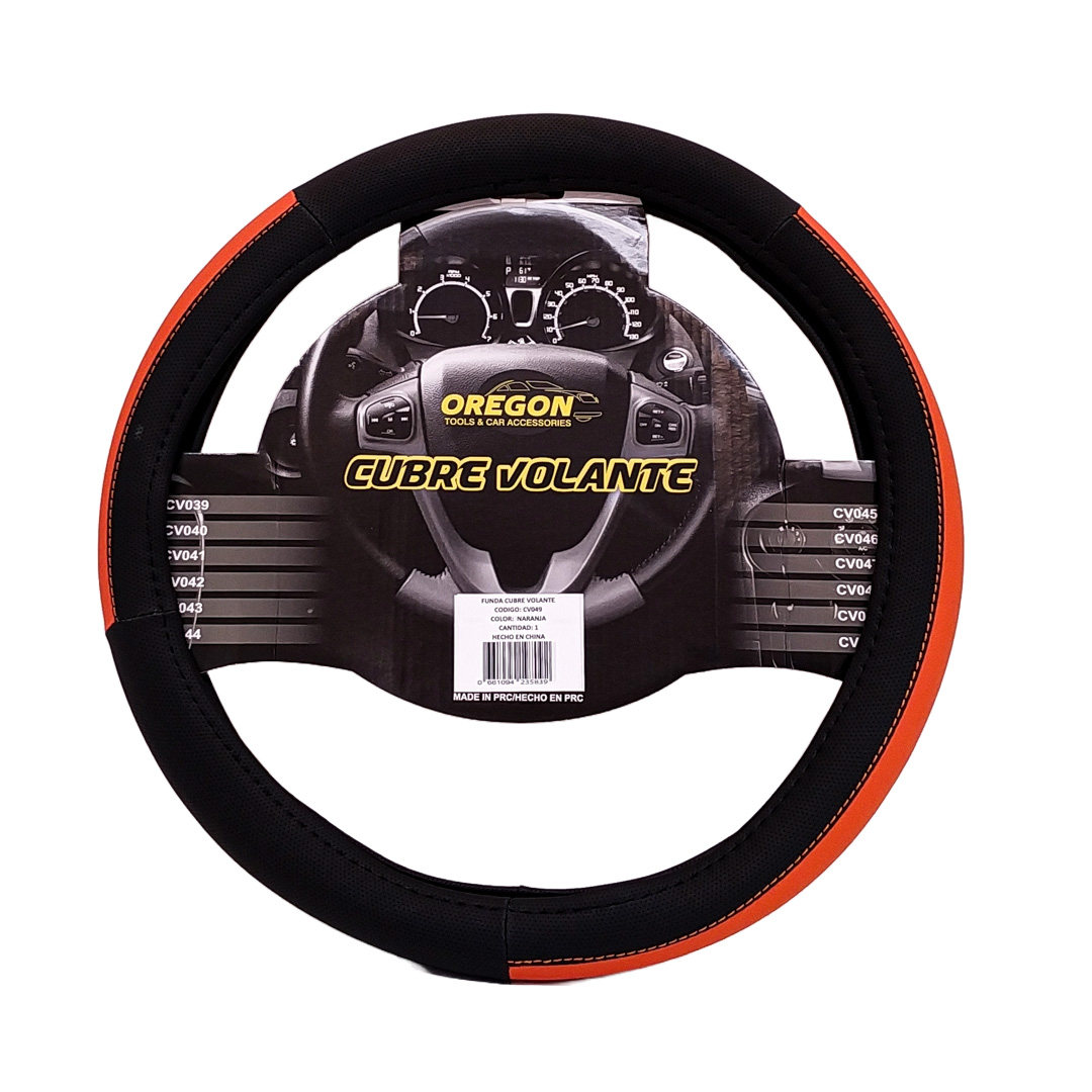 CUBRE VOLANTE MODELO LEMANS NEGRO / NARANJA CUERO SINTETICO 38*8.2CMCAJA MASTER 25 UNIDADES