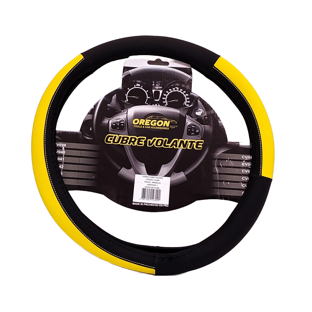 CUBRE VOLANTE MODELO LEMANS NEGRO / AMARILLO CUERO SINTETICO 38*8.2CMCAJA MASTER 25 UNIDADES