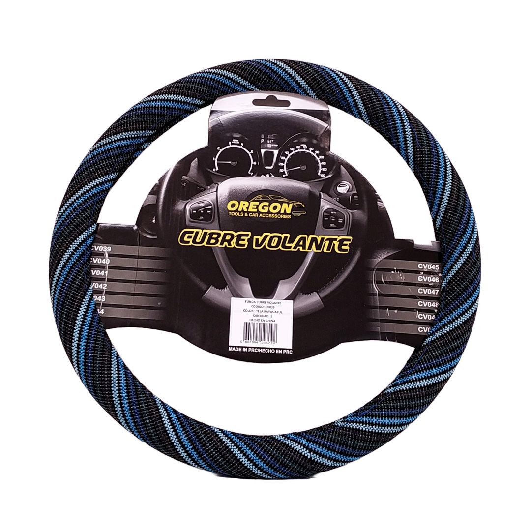 CUBRE VOLANTE MODELO WOODSTOCK HIPPIE TELA AZUL / NEGRO 38*8.2CMCAJA MASTER 25 UNIDADES