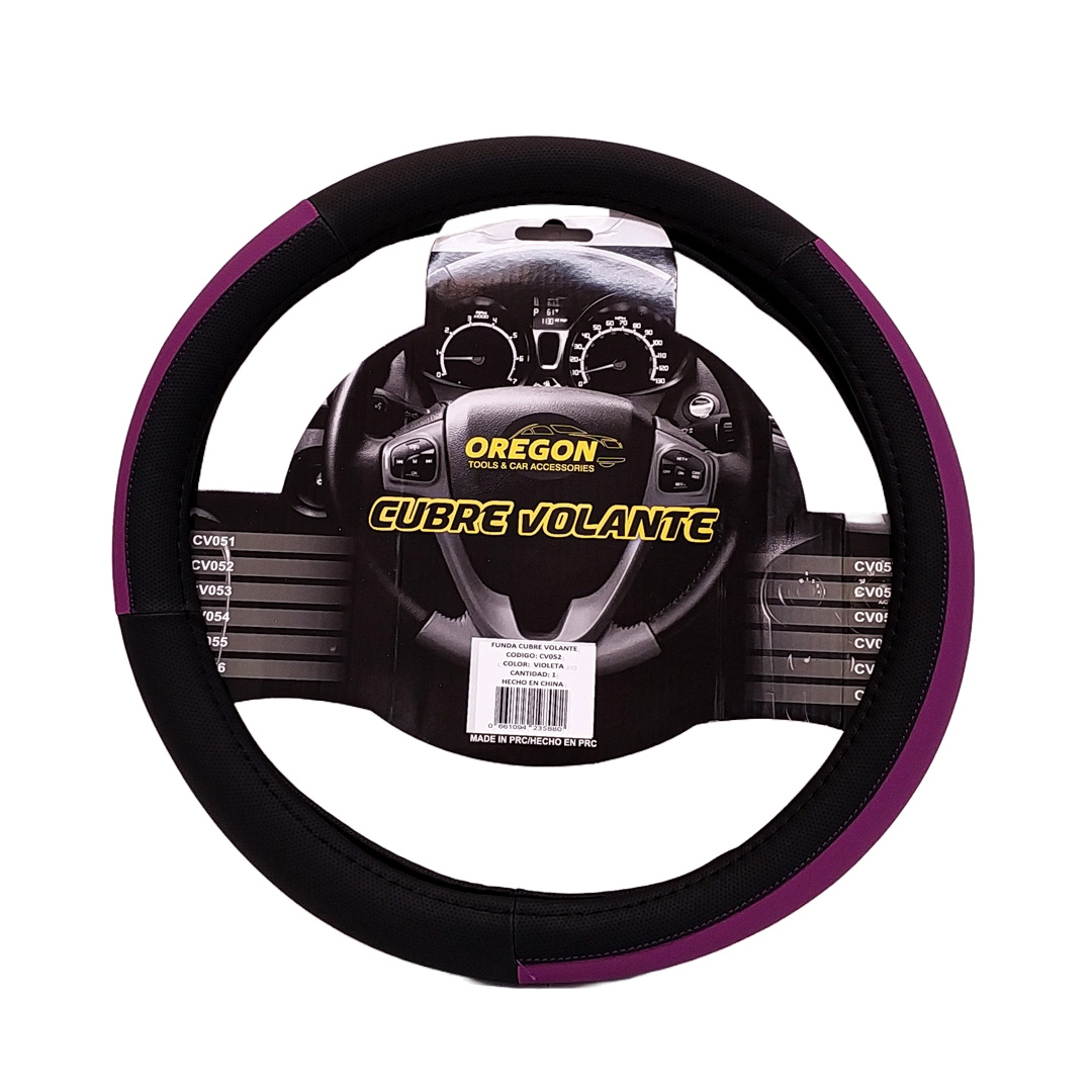 CUBRE VOLANTE MODELO LEMANS NEGRO / VIOLETA CUERO SINTETICO 38*8.2CMCAJA MASTER 25 UNIDADES
