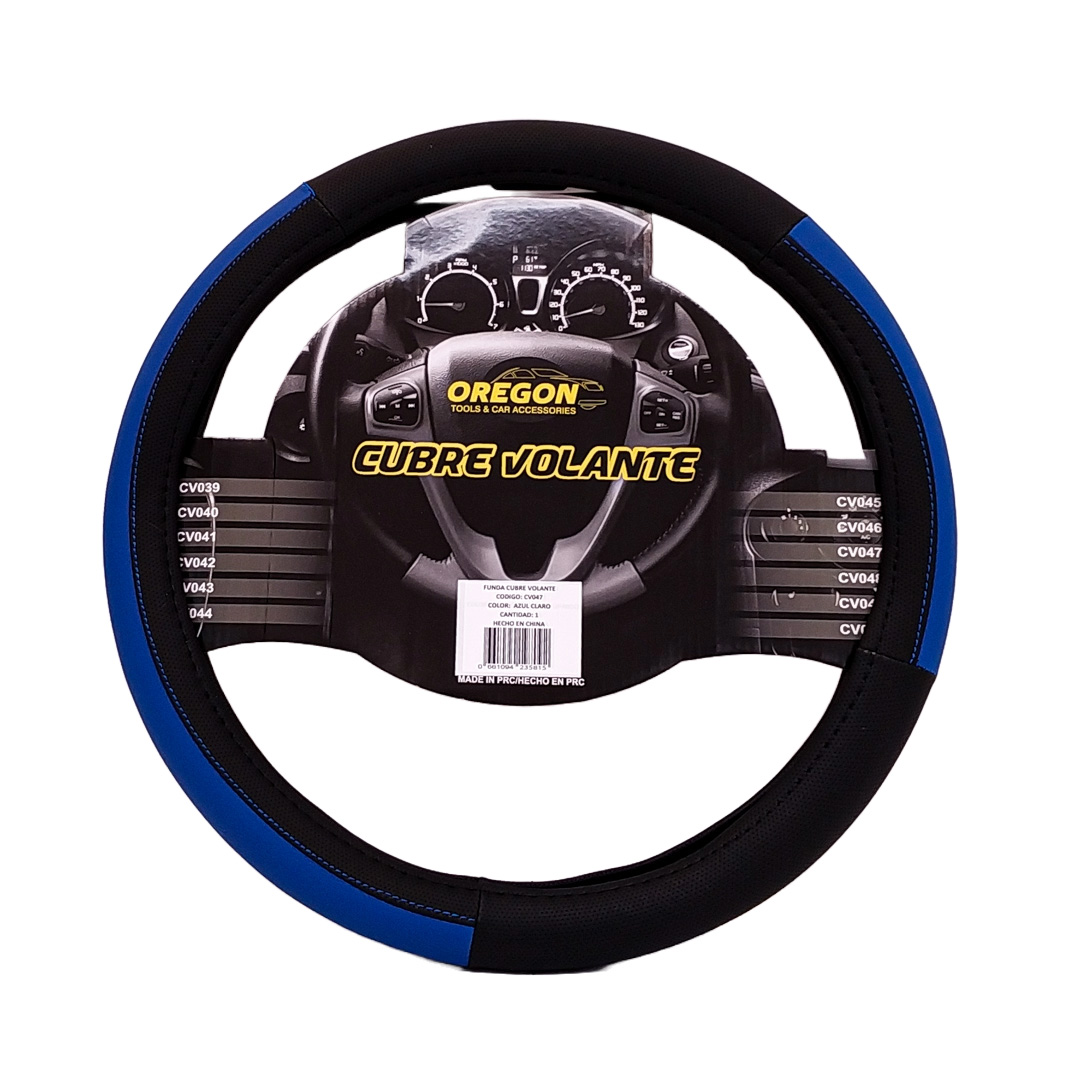 CUBRE VOLANTE MODELO LEMANS NEGRO / AZUL CUERO SINTETICO  38*8.2CMCAJA MASTER 25 UNIDADES