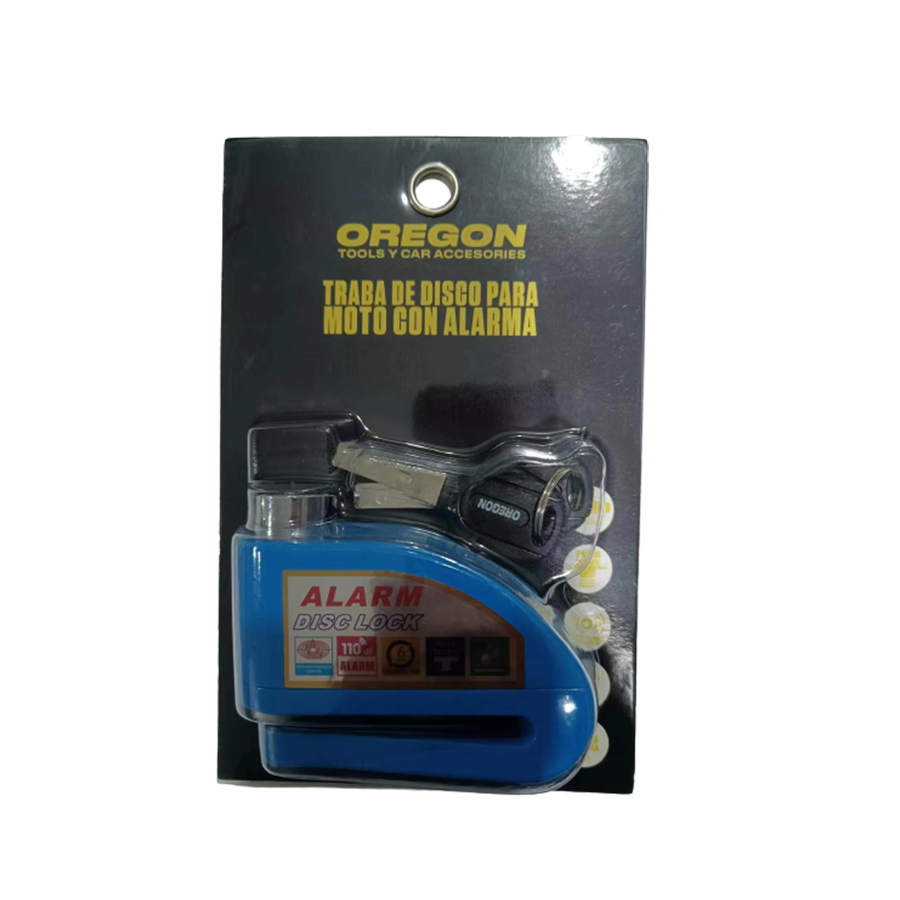 TRABA DISCO CON ALARMA CANDADO BLINDADO CON ALARMA COLOR AZUL PARA DISCO DE MOTO / BICI Y DOS LLAVES