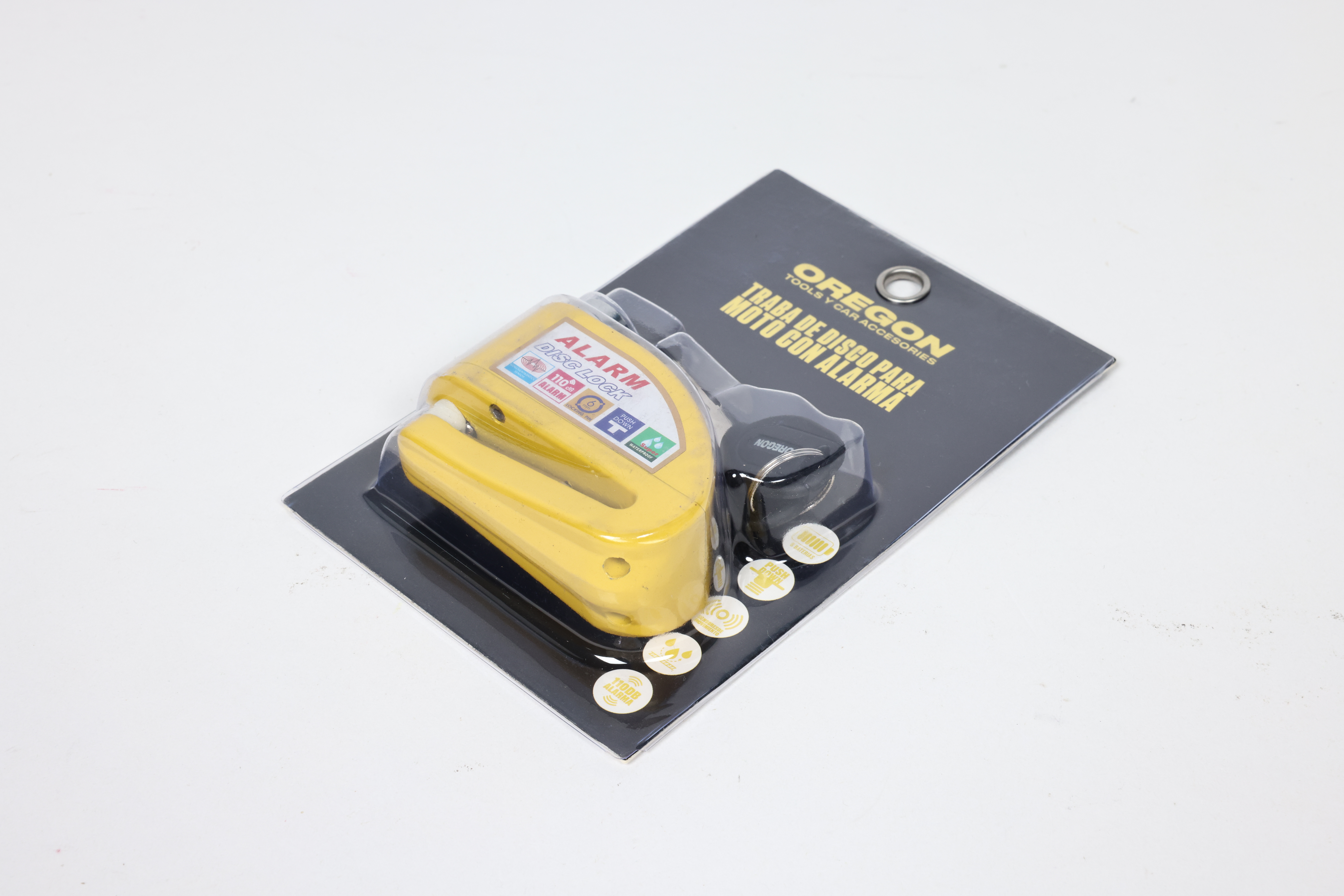 TRABA DISCO CON ALARMA CANDADO BLINDADO CON ALARMA COLOR AMARILLO PARA DISCO DE MOTO / BICI Y DOS LLAVES