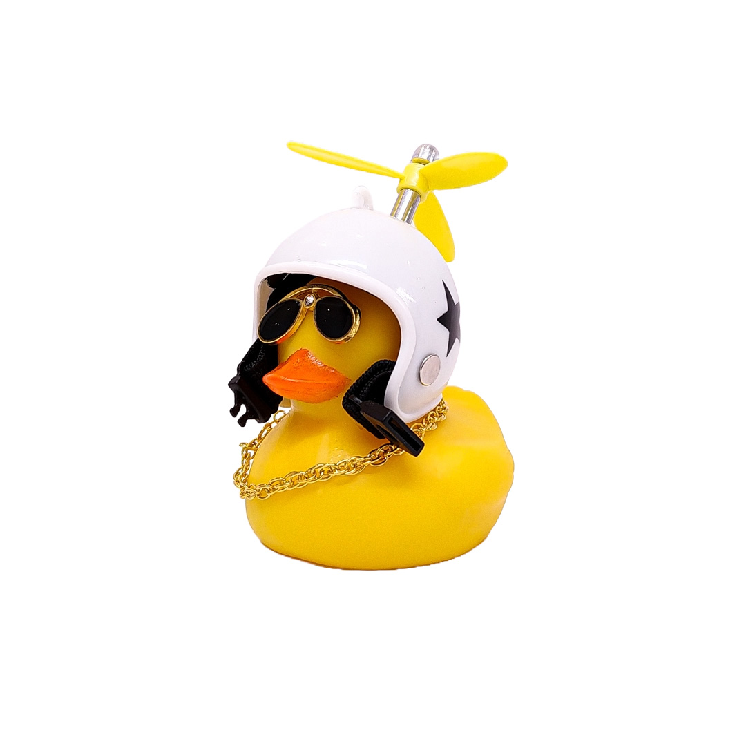 PATITO DECORATIVO PARA AUTO, BICI O MOTO CASCO BLANCO DIBUJO ESTRELLA CON ANTEOJOS, CADENA Y HELICE - 2