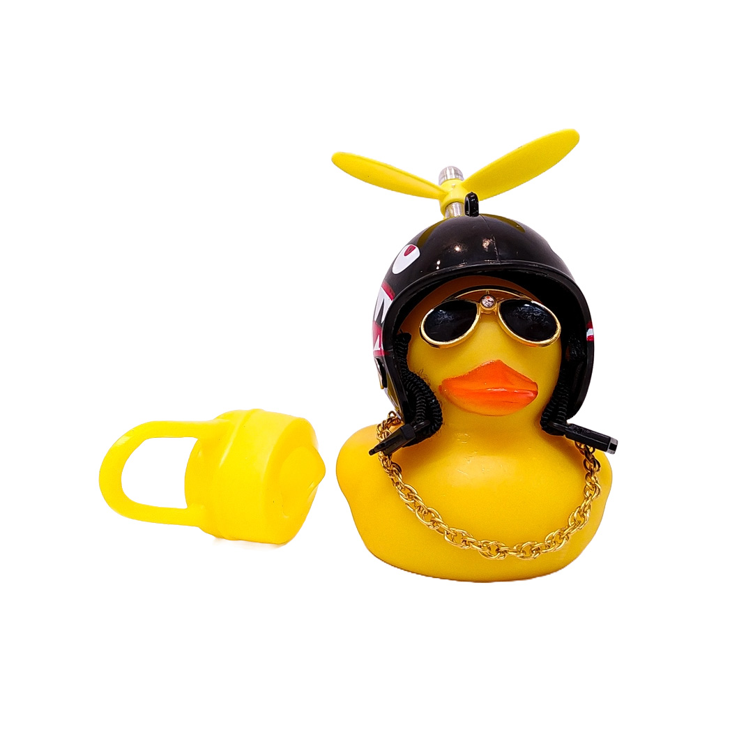 PATITO DECORATIVO PARA AUTO, BICI O MOTO CASCO NEGRO DIBUJO TIBURON CON ANTEOJOS, CADENA Y HELICE - 2