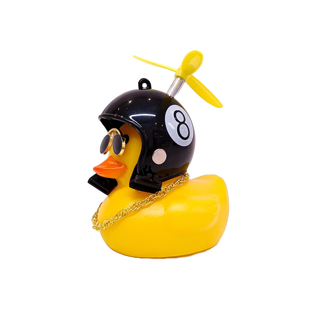 PATITO DECORATIVO PARA AUTO, BICI O MOTO CASCO NEGRO DIBUJO POOL CON ANTEOJOS, CADENA Y HELICE