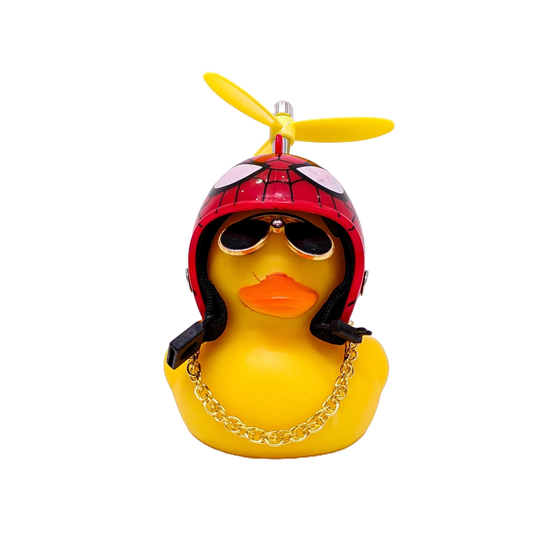 PATITO DECORATIVO PARA AUTO, BICI O MOTO CASCO ROJO DIBUJO SPIDERMAN CON ANTEOJOS, CADENA Y HELICE - 2