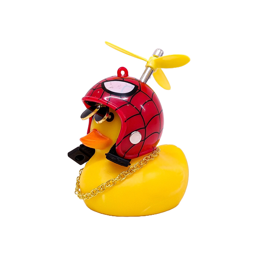 PATITO DECORATIVO PARA AUTO, BICI O MOTO CASCO ROJO DIBUJO SPIDERMAN CON ANTEOJOS, CADENA Y HELICE - 3