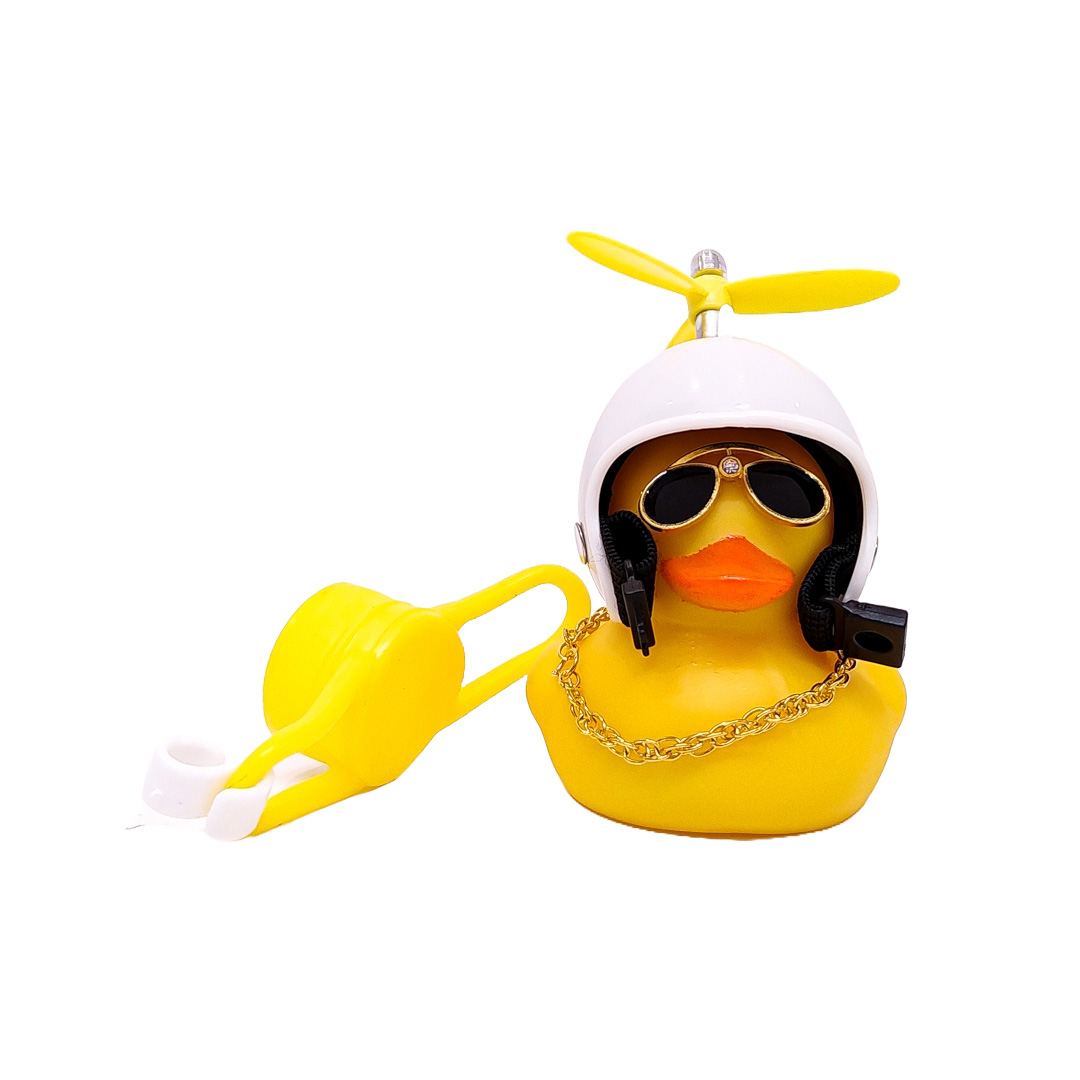 PATITO DECORATIVO PARA AUTO, BICI O MOTO CASCO BLANCO DIBUJO ESTRELLA CON ANTEOJOS, CADENA Y HELICE - 4