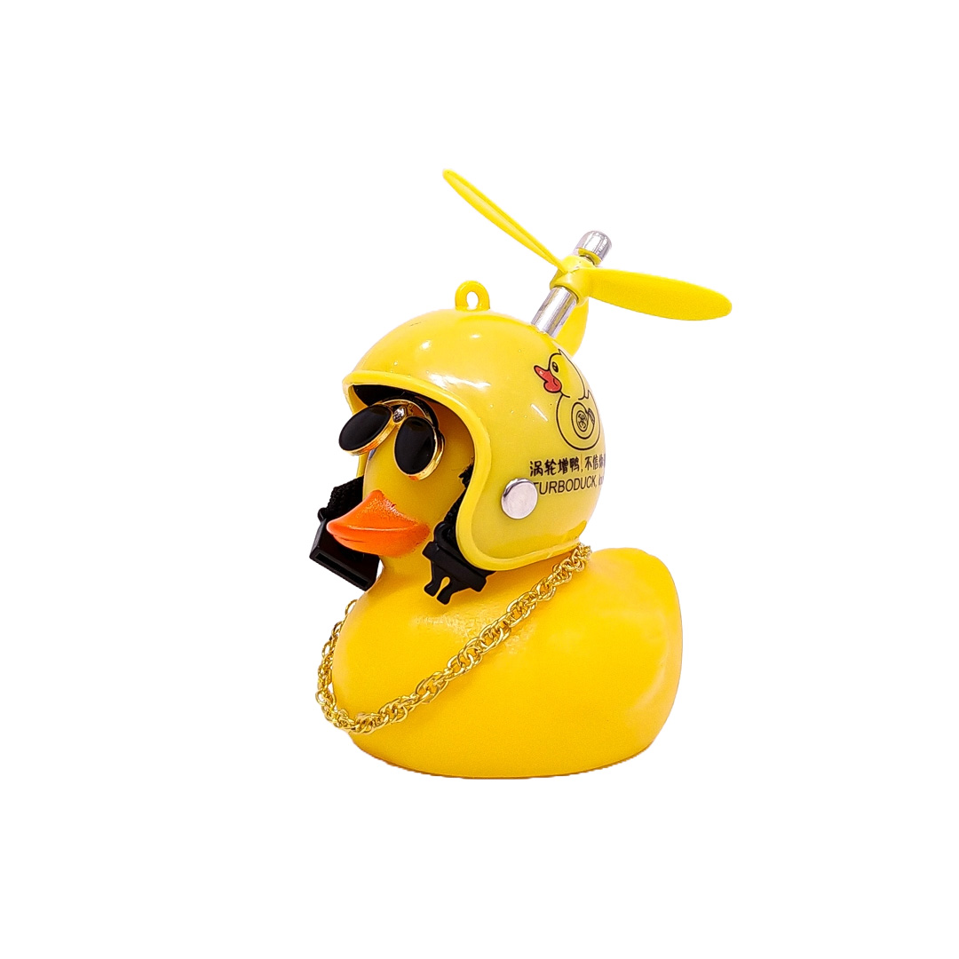 PATITO DECORATIVO PARA AUTO, BICI O MOTO CASCO AMARILLO DIBUJO PATITO CON ANTEOJOS, CADENA Y HELICE - 2