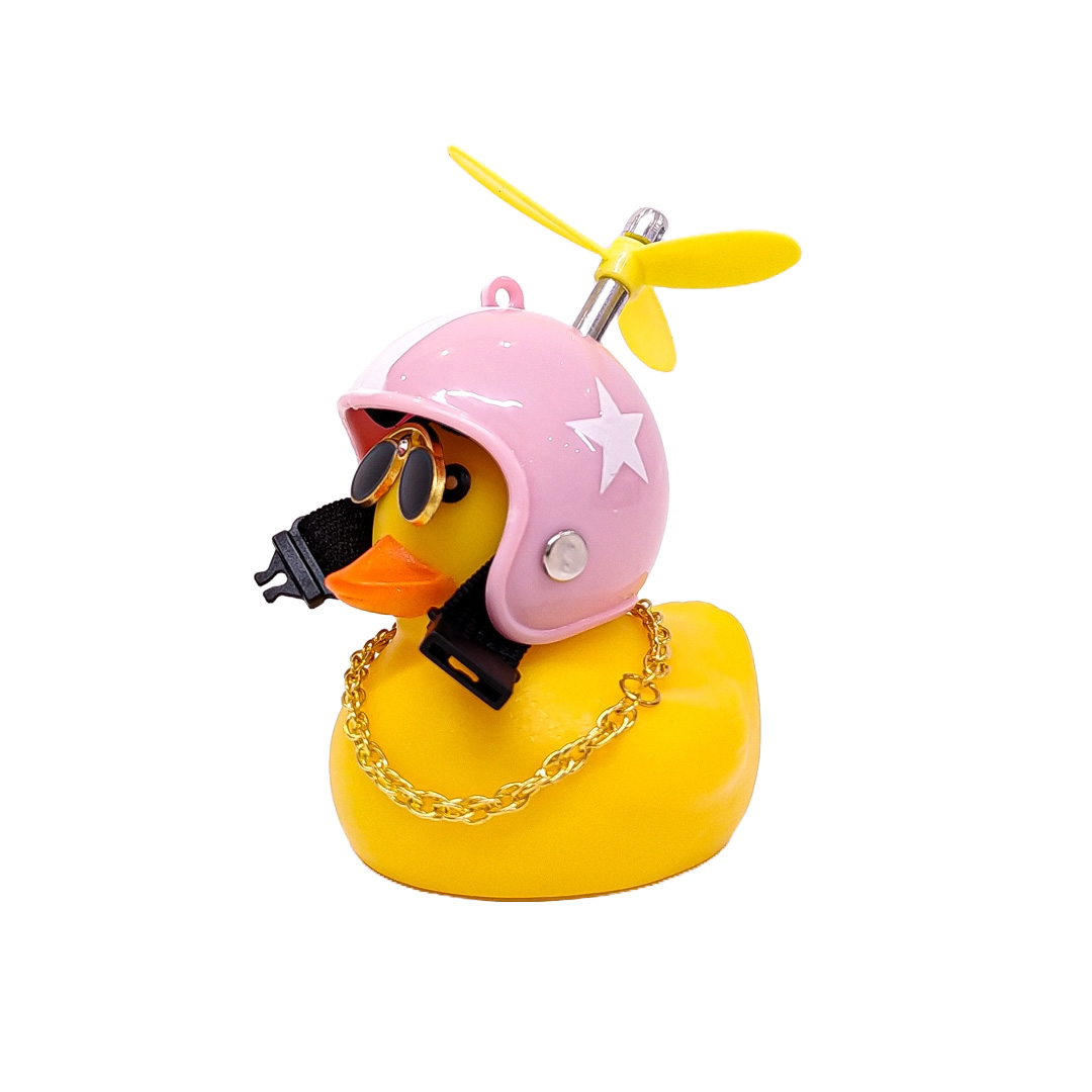 PATITO DECORATIVO PARA AUTO, BICI O MOTO CASCO ROSA DIBUJO RACING CON ANTEOJOS, CADENA Y HELICE - 3