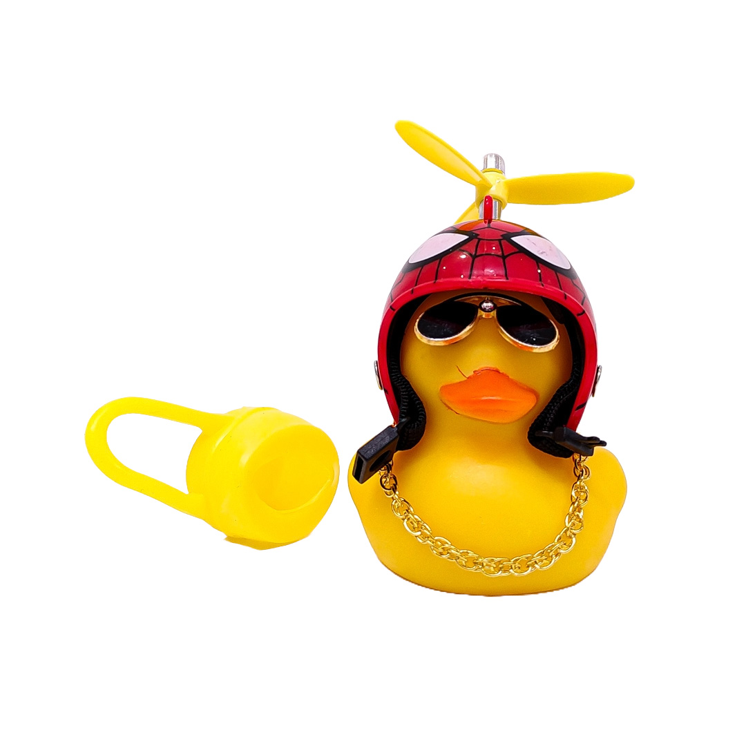 PATITO DECORATIVO PARA AUTO, BICI O MOTO CASCO ROJO DIBUJO SPIDERMAN CON ANTEOJOS, CADENA Y HELICE - 4