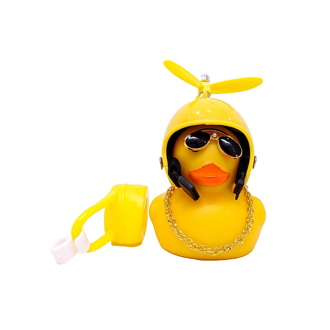 PATITO DECORATIVO PARA AUTO, BICI O MOTO CASCO AMARILLO DIBUJO PATITO CON ANTEOJOS, CADENA Y HELICE - 3