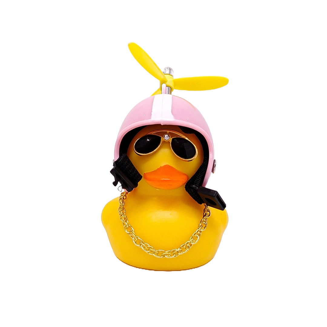 PATITO DECORATIVO PARA AUTO, BICI O MOTO CASCO ROSA DIBUJO RACING CON ANTEOJOS, CADENA Y HELICE - 4