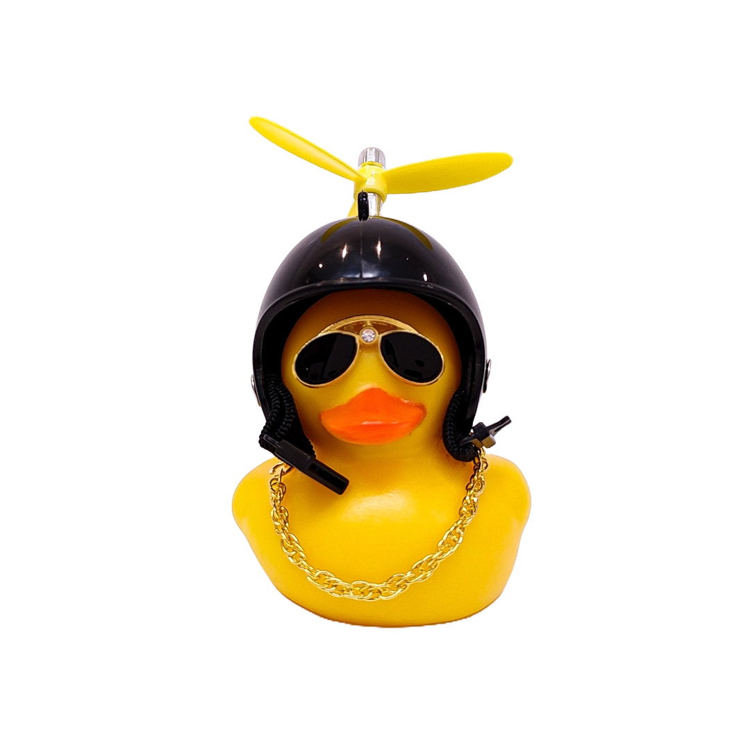 PATITO DECORATIVO PARA AUTO, BICI O MOTO CASCO NEGRO DIBUJO POOL CON ANTEOJOS, CADENA Y HELICE - 3