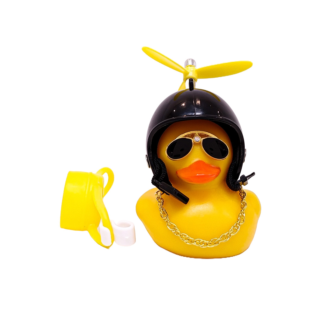 PATITO DECORATIVO PARA AUTO, BICI O MOTO CASCO NEGRO DIBUJO POOL CON ANTEOJOS, CADENA Y HELICE - 4