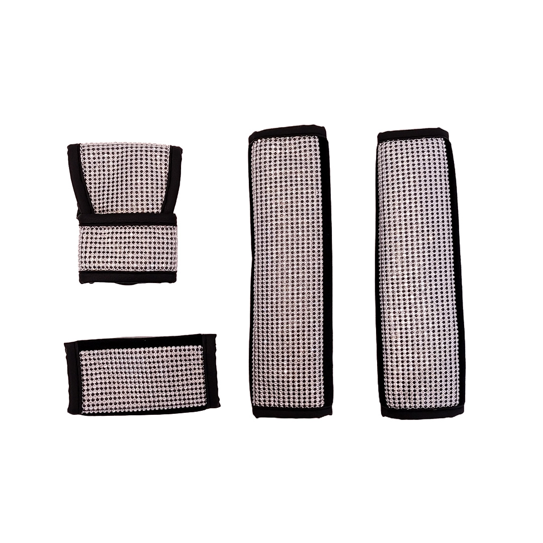 CONJUNTO COBERTOR GIRLS POWER - CONJUNTO CUBRE VOLANTE 38CM + CUBRE PALANCA DE CAMBIOS + CUBRE FRENO DE MANO + JUEGO DE CUBRE CINTURONES DE SEGURIDAD BLING BLING DIAMANTE PLATA - 3