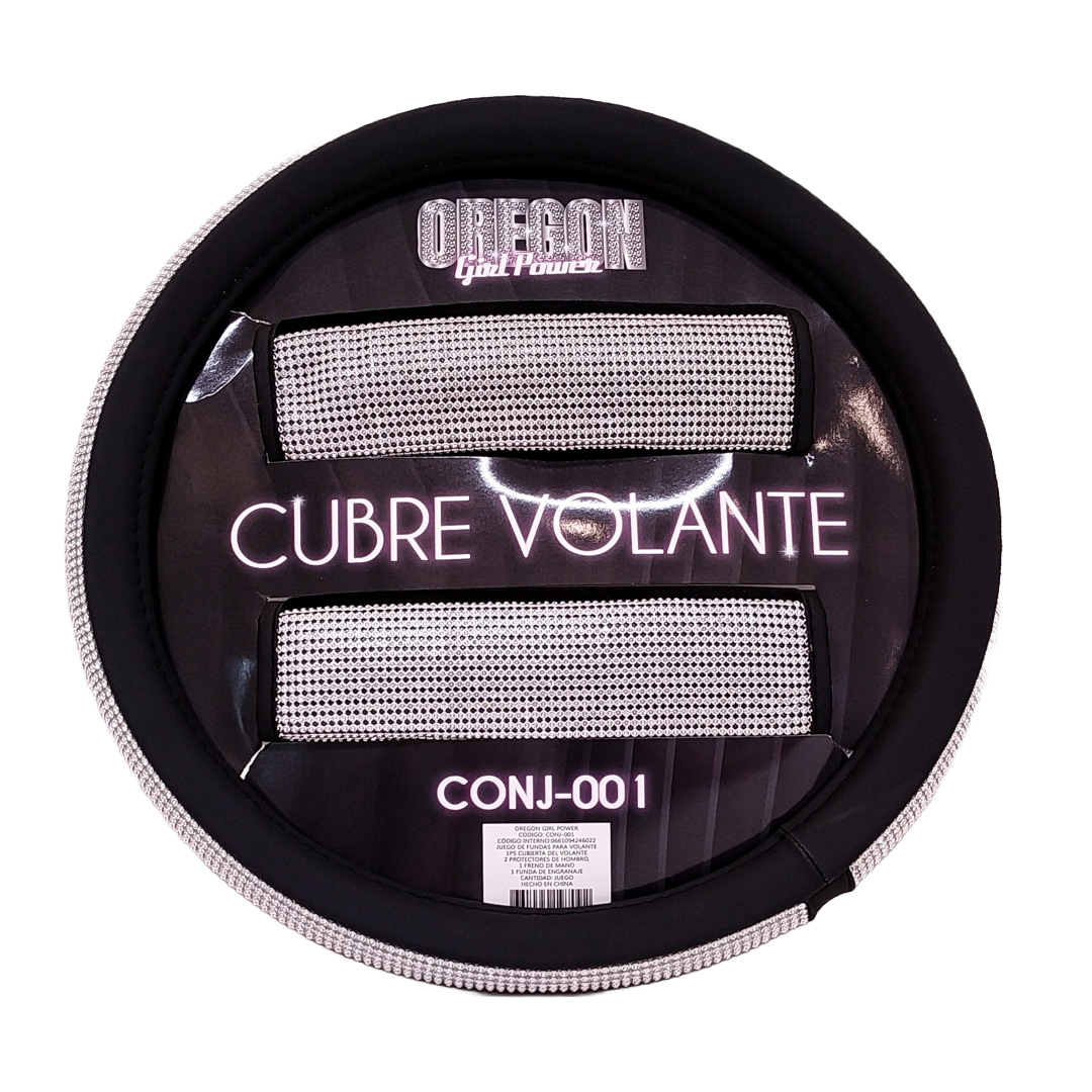 CONJUNTO COBERTOR GIRLS POWER - CONJUNTO CUBRE VOLANTE 38CM + CUBRE PALANCA DE CAMBIOS + CUBRE FRENO DE MANO + JUEGO DE CUBRE CINTURONES DE SEGURIDAD BLING BLING DIAMANTE PLATA - 4