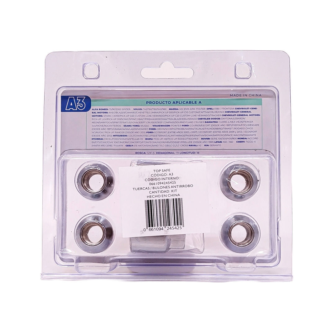 CONJUNTO DE TUERCAS ANTIRROBO CONJUNTO DE 4 TUERCAS + 2 LLAVES MEDIDAS  PASO DE ROSCA 12X1.5, HEXAGONO 19MM, LARGO 18MM. MARCAS: ALFA ROMEO / VOLVO / MAZDA / OPEL / CHEVROLET-GENERAL MOTORS / CHRYSLER-DODGE / DAIHATSU / SSANG-YONG / VOLKSWAGEN / FORD / MITSUBISHI / HYUNDAI / ISUZ - 5