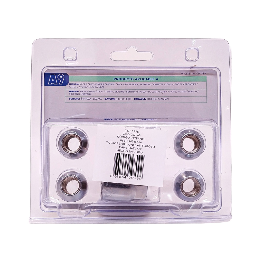 CONJUNTO DE TUERCAS ANTIRROBO CONJUNTO DE 4 TUERCAS + 2 LLAVES MEDIDAS  PASO DE ROSCA 12X1.25 CONICO, HEXAGONO 21MM, LARGO 17MM. MARCAS: NISSAN / SUBARU / DATSUN / RENAULT CANTIDAD POR CAJA MASTER 50 - 5