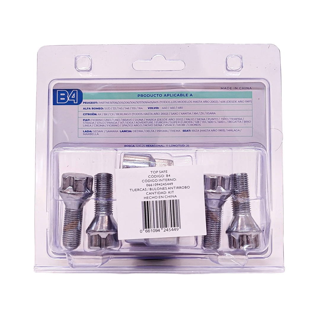 CONJUNTO DE BULONES ANTIRROBO CONJUNTO DE 4 BULONES + 2 LLAVES MEDIDAS  PASO DE ROSCA 12X1.25, HEXAGONO 19MM, LARGO 26MM. MARCAS: PEUGEOT / CITROËN / FIAT / SEAT CANTIDAD POR CAJA MASTER 50 - 5