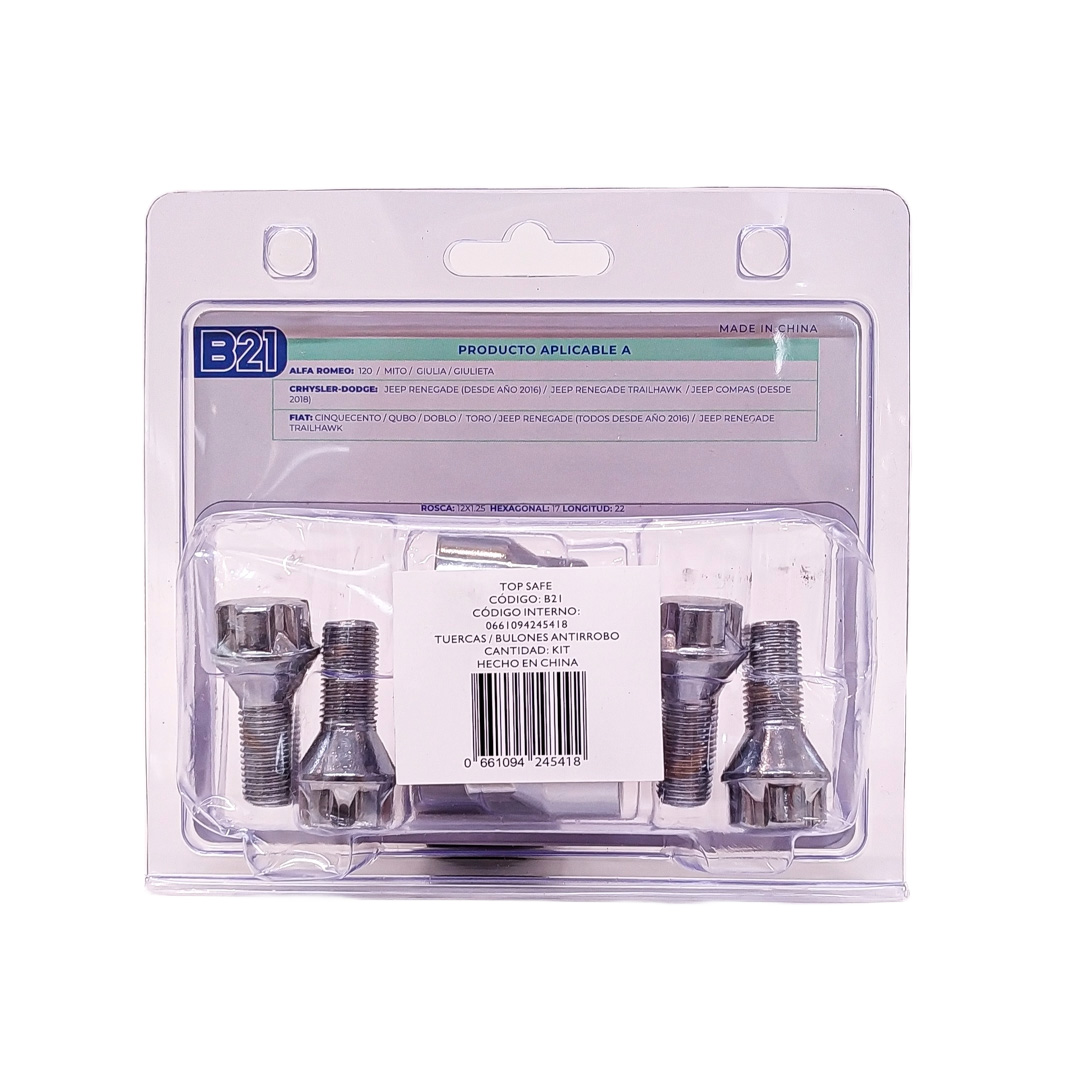 CONJUNTO DE BULONES ANTIRROBO CONJUNTO DE 4 BULONES + 2 LLAVES MEDIDAS  PASO DE ROSCA 12X1.25, HEXAGONO 17MM, LARGO 22MM. MARCAS: ALFA ROMEO / CRHYSLER-DODGE / FIAT CANTIDAD POR CAJA MASTER 50 - 5