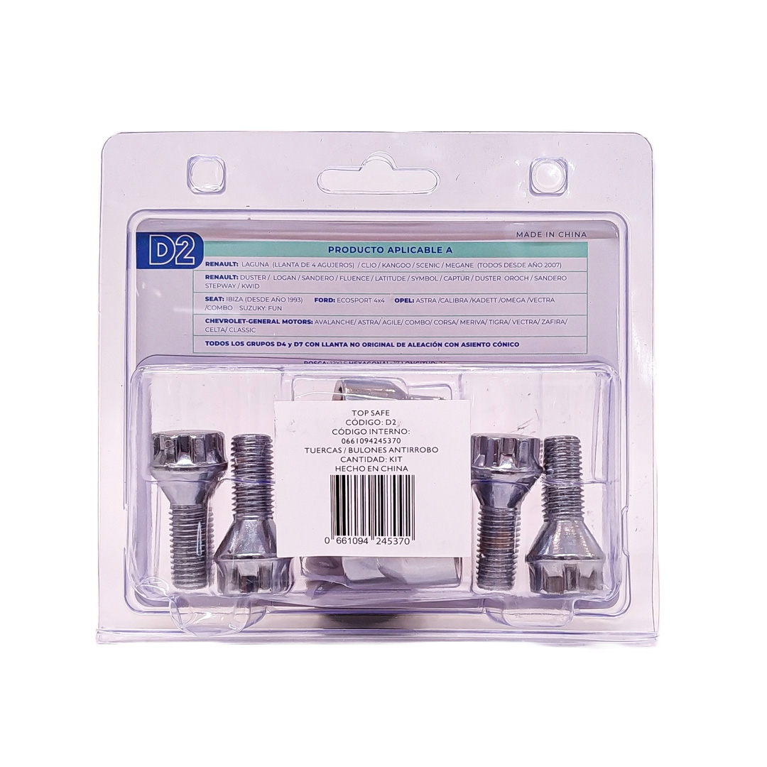 CONJUNTO DE BULONES ANTIRROBO CONJUNTO DE 4 BULONES + 2 LLAVES MEDIDAS  PASO DE ROSCA 12X1.5, HEXAGONO 17MM, LARGO 24MM. MARCAS: RENAULT / SEAT / FORD / OPEL / CHEVROLET-GENERAL MOTORS / SUZUKY CANTIDAD POR CAJA MASTER 50 - 3