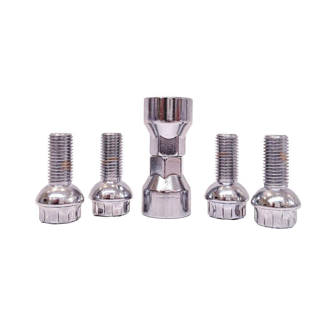 CONJUNTO DE BULONES ANTIRROBO CONJUNTO DE 4 BULONES + 2 LLAVES MEDIDAS  PASO DE ROSCA 12X1.5, HEXAGONO 17MM, LARGO 25MM. MARCAS: FORD / BMW / JETOUR / MERCEDES BENZ / VOLKSWAGEN / SEAT / CHERY CANTIDAD POR CAJA MASTER 50 - 2