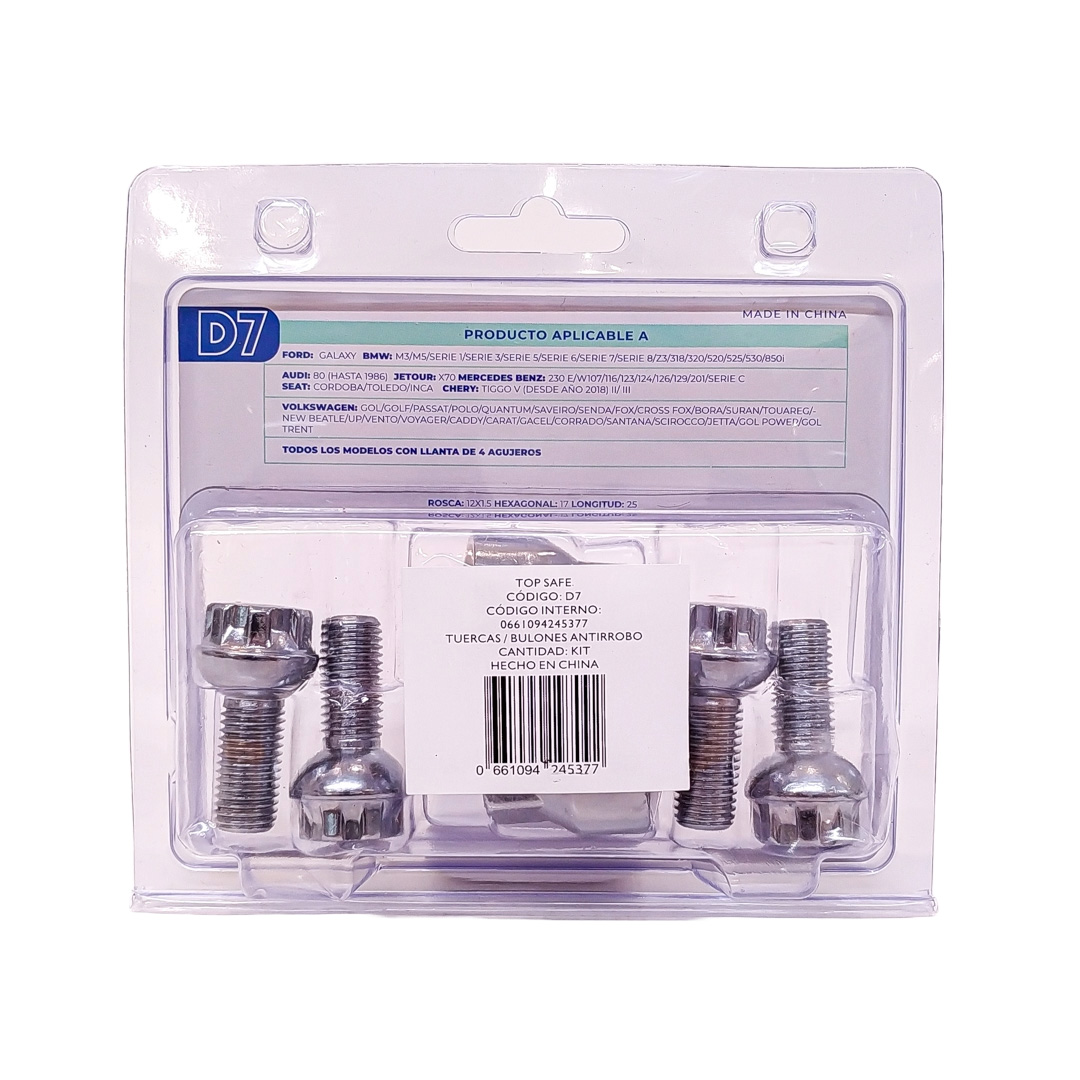 CONJUNTO DE BULONES ANTIRROBO CONJUNTO DE 4 BULONES + 2 LLAVES MEDIDAS  PASO DE ROSCA 12X1.5, HEXAGONO 17MM, LARGO 25MM. MARCAS: FORD / BMW / JETOUR / MERCEDES BENZ / VOLKSWAGEN / SEAT / CHERY CANTIDAD POR CAJA MASTER 50 - 5