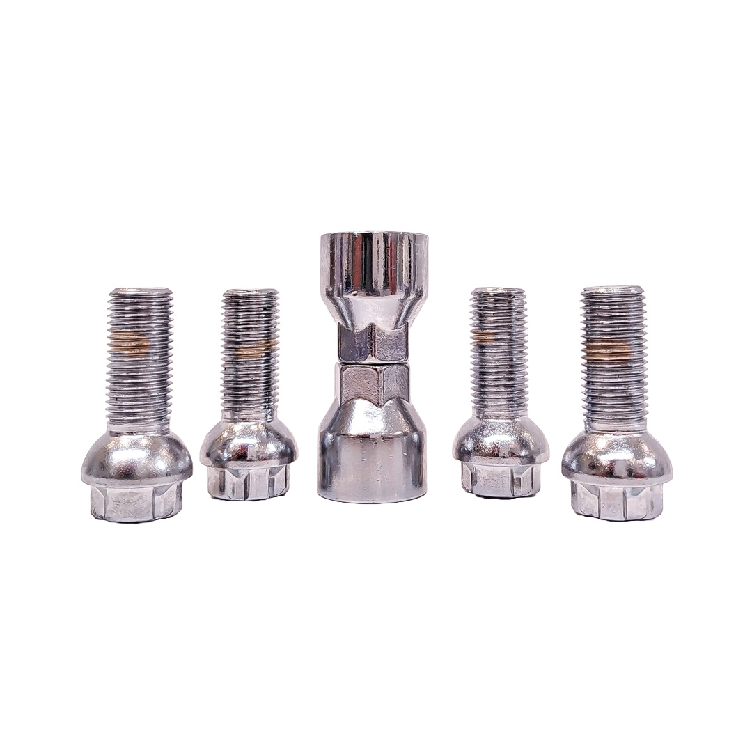 CONJUNTO DE BULONES ANTIRROBO CONJUNTO DE 4 BULONES + 2 LLAVES MEDIDAS  PASO DE ROSCA 14X1.5, HEXAGONO 17MM, LARGO 27MM. MARCAS: AUDI / MERCEDES BENZ / PORSCHE / VOLKSWAGEN CANTIDAD POR CAJA MASTER 50 - 2